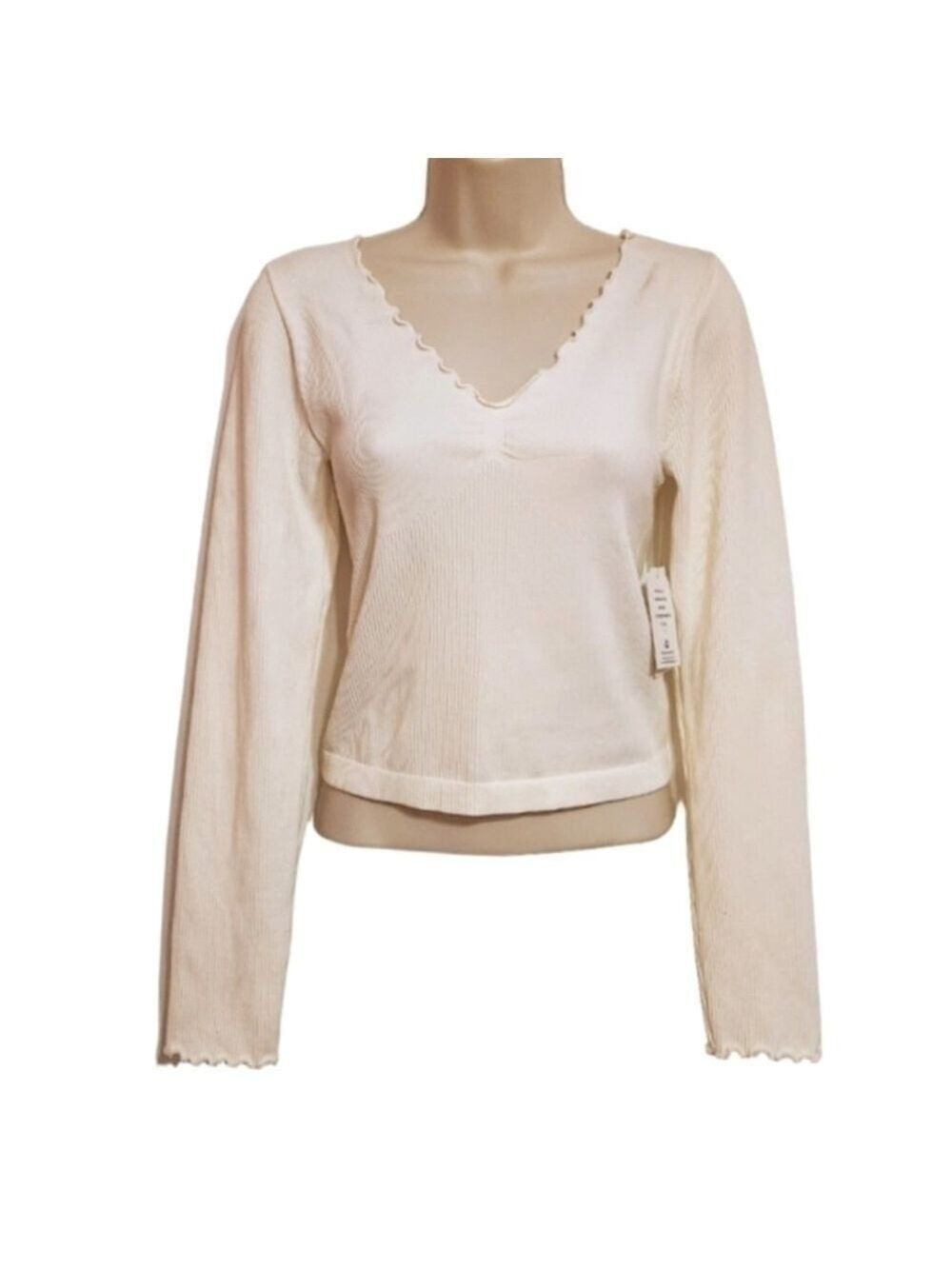 Hippie Rose Cream Ribbed Knit V Neck Long Sleeve Top Large